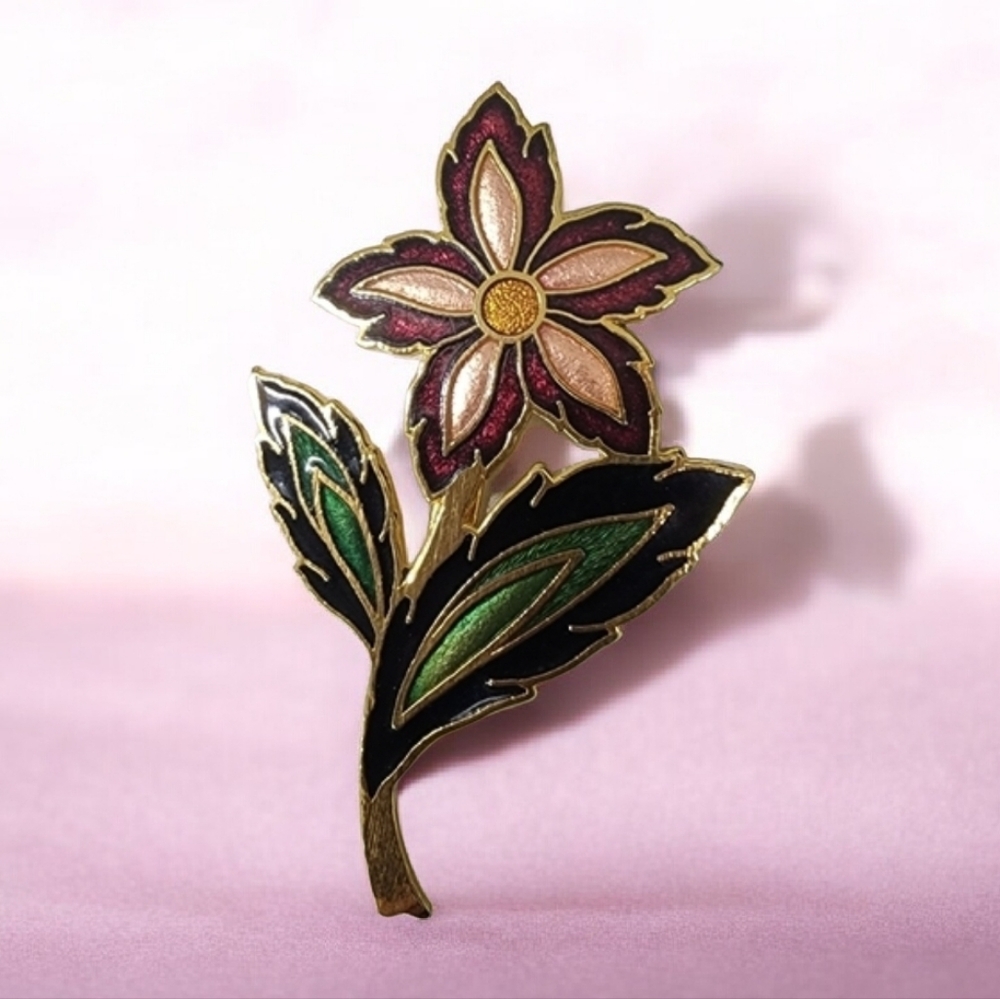 Vintage Enamel Flower Brooch Pin Art Nouveau Style Gold Tone Cloisonne Floral